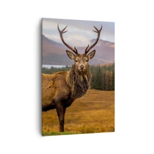 Quadro su tela - Stampe su Tela - Un cervo sullo sfondo di un paesaggio montano con laghi e foresta - 70x100cm - Maestà della natura - Decorazione murale moderna per soggiorno e camera da letto ARTTOR