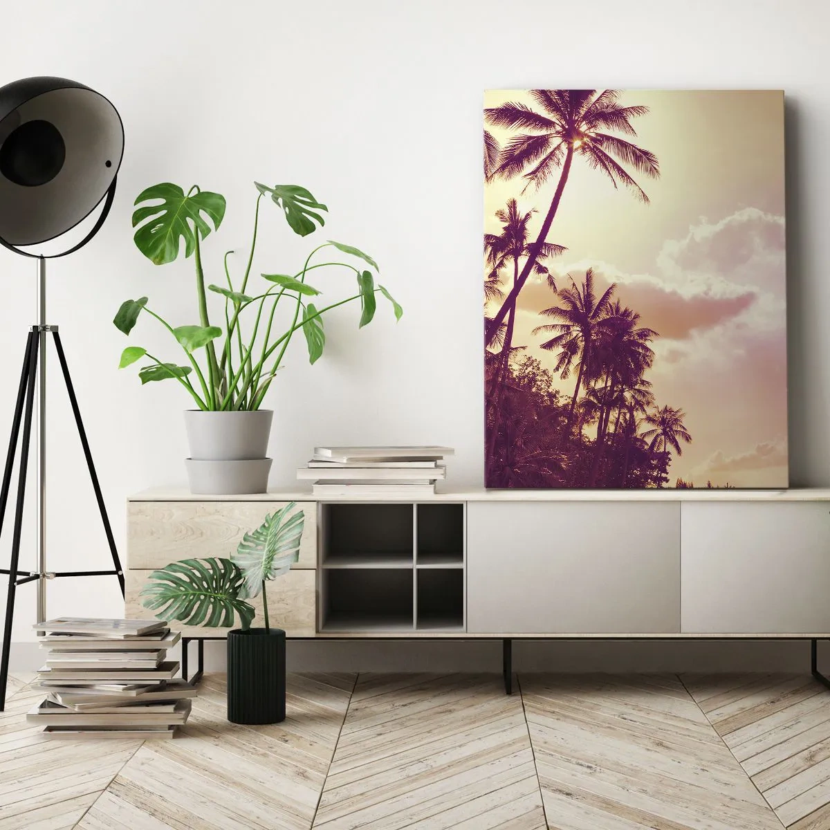 Quadro su tela - Stampe su Tela - Palme illuminate dal sole al tramonto in un cielo tropicale - 80x120cm - Devi scegliere - Decorazione murale moderna per soggiorno e camera da letto ARTTOR