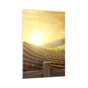 Quadro su vetro - Paesaggio rurale con un fienile rosso, un trattore e l'alba - 80x120cm - La fattoria delle favole - Decorazione murale moderna per soggiorno e camera da letto ARTTOR