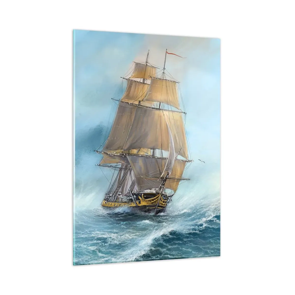 Quadro su vetro - Una nave a vela in un mare in tempesta in stile pittorico - 50x70cm - Frangendo i flutti - Decorazione murale moderna per soggiorno e camera da letto ARTTOR