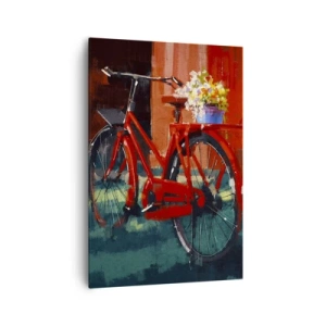 Quadro su tela - Stampe su Tela - Una bicicletta rossa con fiori contro un muro arancione - 70x100cm - I want to ride my bicycle - Decorazione murale moderna per soggiorno e camera da letto ARTTOR