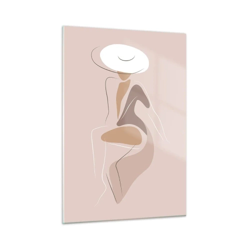 Quadro su vetro - Silhouette di una donna con un cappello su uno sfondo beige - 50x70cm - Essere una dama - Decorazione murale moderna per soggiorno e camera da letto ARTTOR