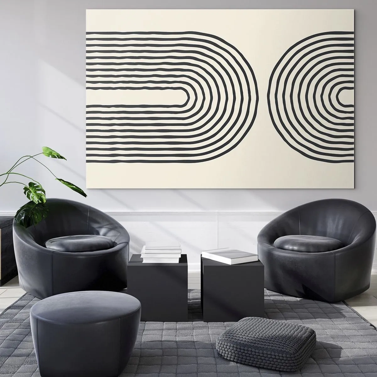 Quadro su vetro - Un dipinto astratto in bianco e nero raffigurante linee ad arco. - 70x50cm - Tra un attimo... - Decorazione murale moderna per soggiorno e camera da letto ARTTOR