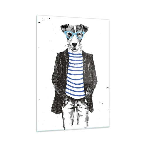 Quadro su vetro - Illustrazione di un cane che indossa una camicia da marinaio e occhiali su uno sfondo bianco - 50x70cm - Incantesimo sul cane - Decorazione murale moderna per soggiorno e camera da letto ARTTOR