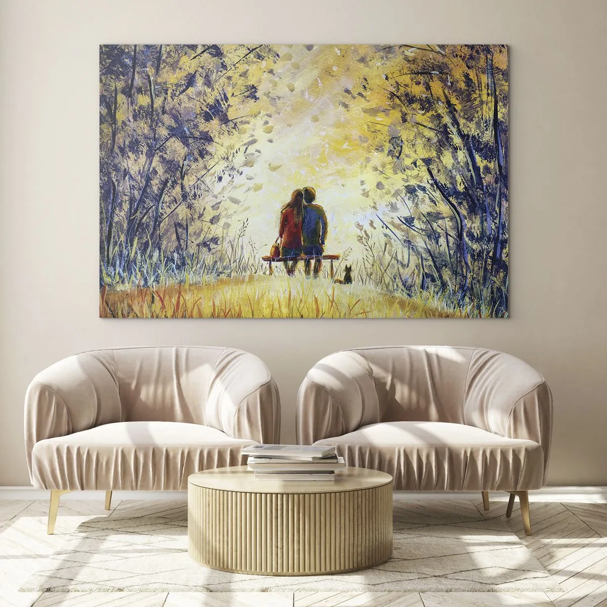 Quadro su vetro - Una coppia su una panchina in un momento magico - 120x80cm - Attimo magico - Decorazione murale moderna per soggiorno e camera da letto ARTTOR