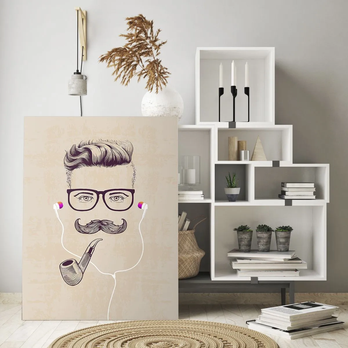 Quadro su vetro - Disegno di un uomo stilizzato con occhiali, baffi e pipa. - 50x70cm - Un vero uomo? - Decorazione murale moderna per soggiorno e camera da letto ARTTOR