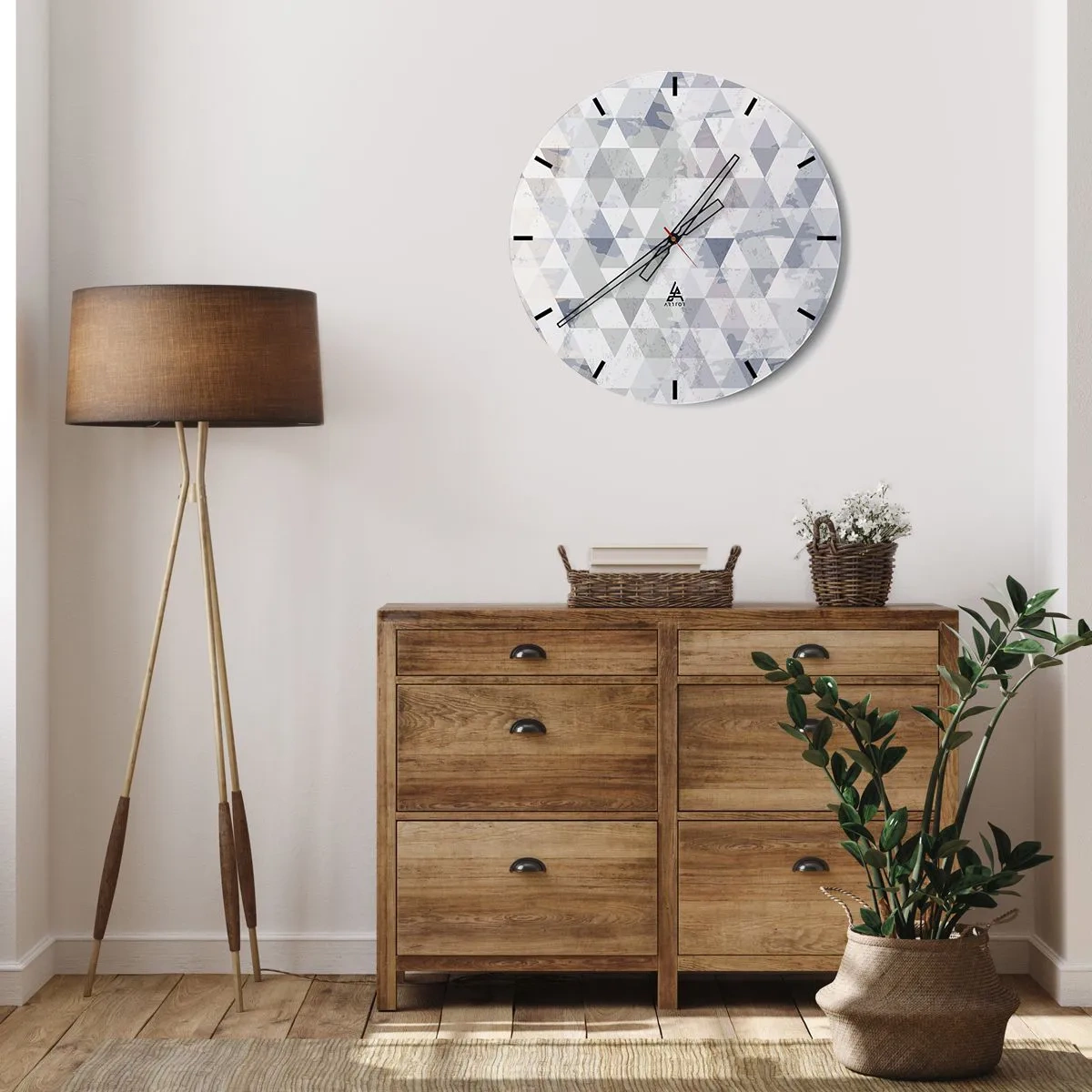 Orologio da parete - Orologio in Vetro - Motivo geometrico con triangoli grigi in stile moderno - 30x30cm - Al ritmo di tre - Decorazione murale moderna per soggiorno, cucina e camera da letto ARTTOR