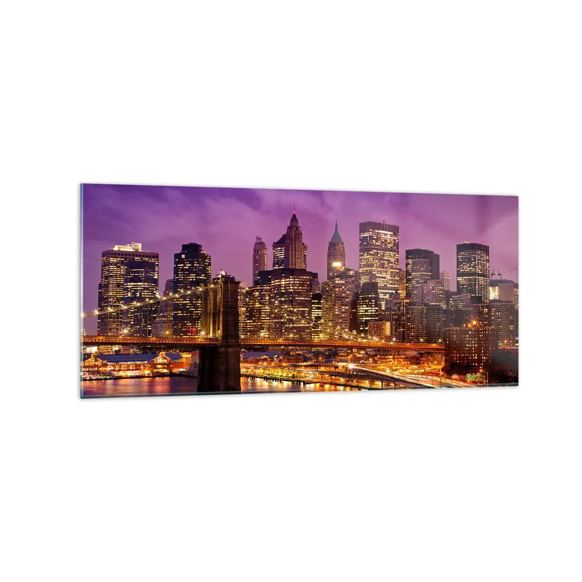 Quadro su vetro - Panorama della città con il ponte nella luce della sera contro il cielo viola - 120x50cm - Manhattan in viola e oro - Decorazione murale moderna per soggiorno e camera da letto ARTTOR