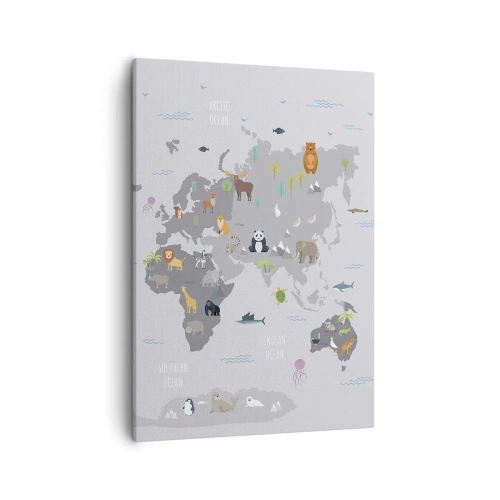 Quadro su tela - Stampe su Tela - Una mappa del mondo con illustrazioni di animali su uno sfondo grigio - 50x70cm - Dimmi di dove sei... - Decorazione murale moderna per soggiorno e camera da letto ARTTOR
