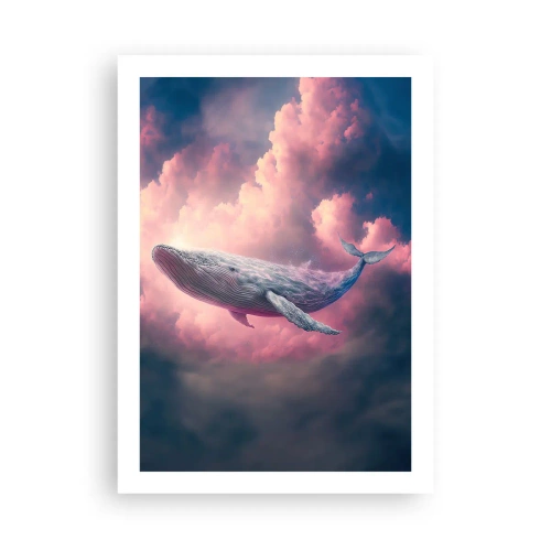 Poster - Una balena vola tra le nuvole rosa al tramonto. - 50x70cm - Strofinati gli occhi - Decorazione murale moderna per soggiorno e camera da letto ARTTOR