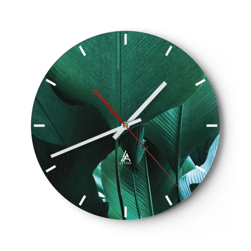 Orologio da parete - Orologio in Vetro - Primo piano delle foglie verdi delle piante tropicali - 30x30cm - Verso la luce - Decorazione murale moderna per soggiorno, cucina e camera da letto ARTTOR