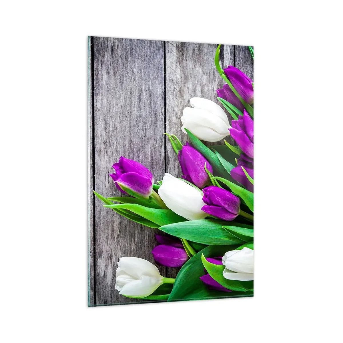 Quadro su vetro - Un bouquet di tulipani viola e bianchi su uno sfondo di legno - 80x120cm - Nella festa della primavera - Decorazione murale moderna per soggiorno e camera da letto ARTTOR
