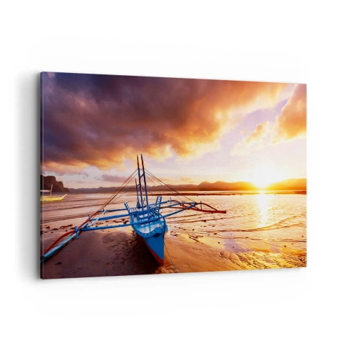 Quadro su tela - Stampe su Tela - Barca blu sulla spiaggia al tramonto - 100x70cm - Riposo sulla sabbia dopo l'intera giornata - Decorazione murale moderna per soggiorno e camera da letto ARTTOR