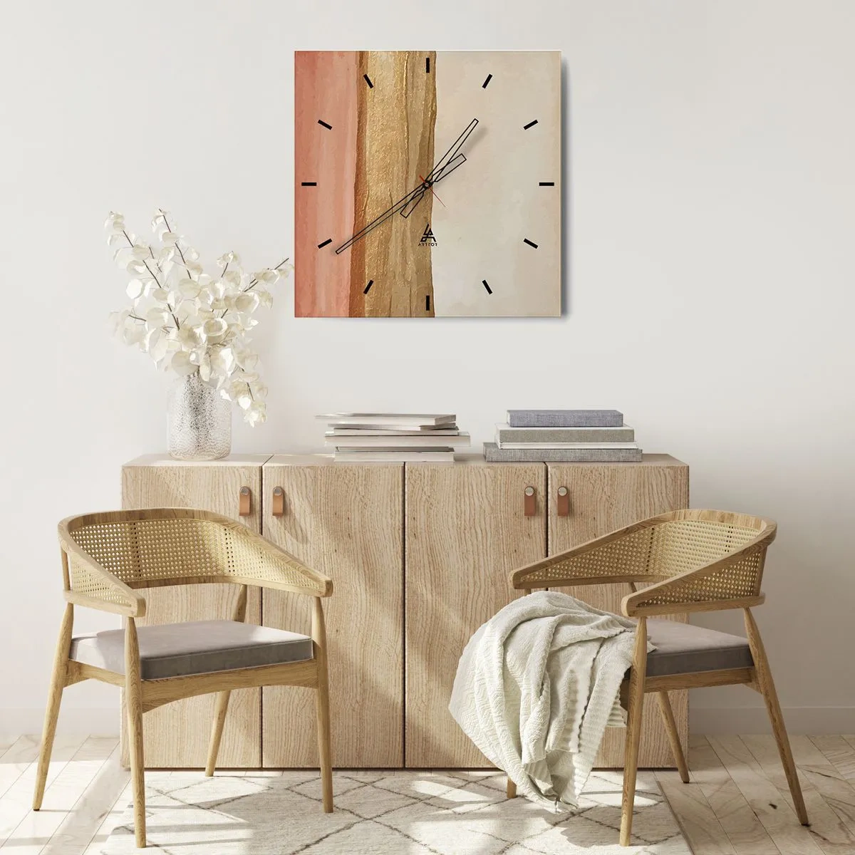Orologio da parete - Orologio in Vetro - Strisce astratte nei toni del beige, oro e rosa su tela - 30x30cm - Composizione verticale - Decorazione murale moderna per soggiorno e camera da letto ARTTOR