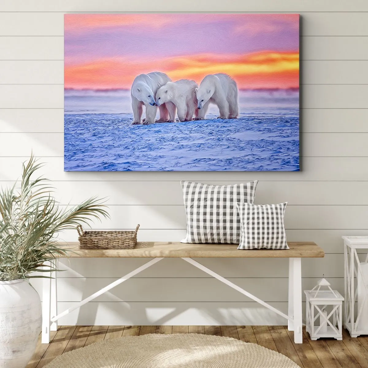 Quadro su tela - Stampe su Tela - Tre orsi polari sullo sfondo di un tramonto artico - 120x80cm - Basta il calore della famiglia - Decorazione murale moderna per soggiorno e camera da letto ARTTOR