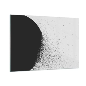 Quadro su vetro - Astrazione di una massa nera che cade a pezzi su uno sfondo bianco - 100x70cm - Il movimento delle particelle - Decorazione murale moderna per soggiorno e camera da letto ARTTOR