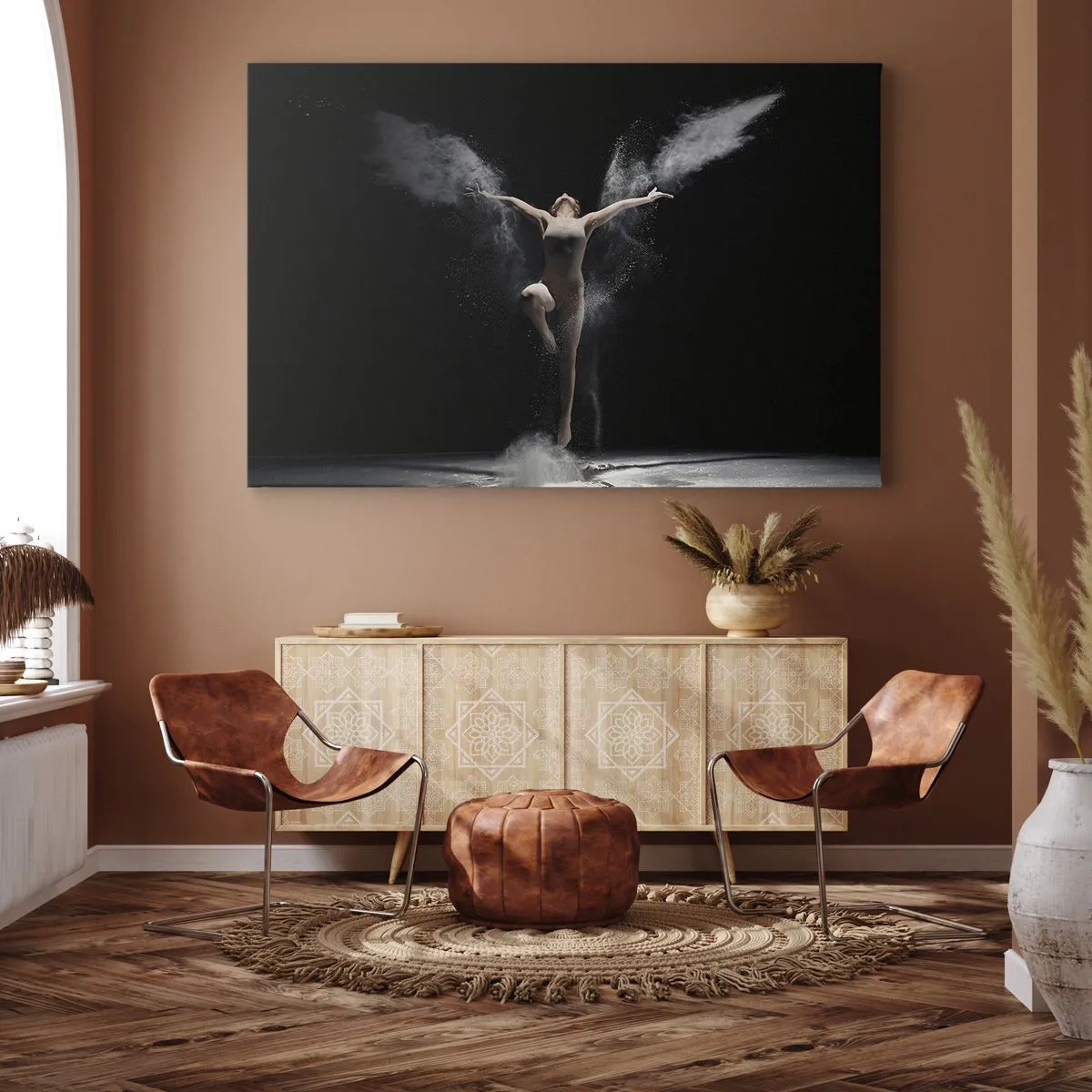 Quadro su tela - Stampe su Tela - Una ballerina in movimento con un sorprendente effetto polvere su uno sfondo nero - 100x70cm - Gli elfi esistono - Decorazione murale moderna per soggiorno e camera da letto ARTTOR