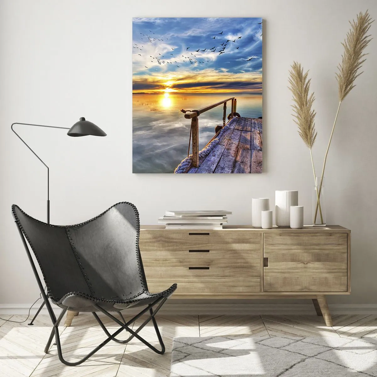Quadro su vetro - Molo sul lago al tramonto con uccelli nel cielo - 50x70cm - Il vento è andato a dormire - Decorazione murale moderna per soggiorno e camera da letto ARTTOR