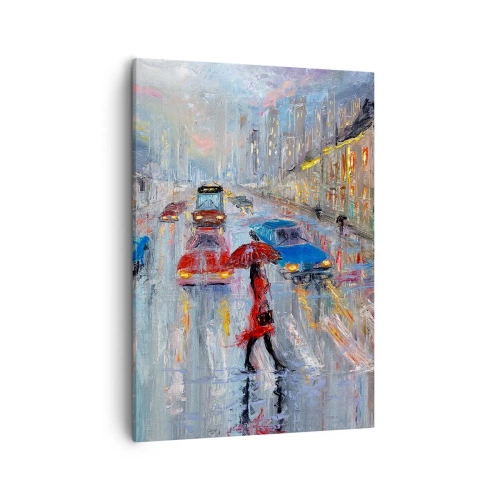 Quadro su tela - Stampe su Tela - Una donna con un ombrello in una strada piovosa, illuminata dalle luci al neon. - 50x70cm - Pomeriggio di pioggia in città - Decorazione murale moderna per soggiorno e camera da letto ARTTOR