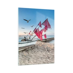 Quadro su vetro - Barca da pesca sulla spiaggia all'alba - 50x70cm - Meritato riposo - Decorazione murale moderna per soggiorno e camera da letto ARTTOR