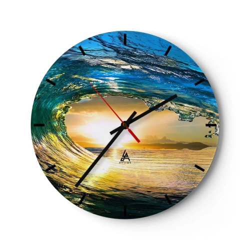 Orologio da parete - Orologio in Vetro - Onda del mare alla luce del sole al tramonto - 30x30cm - Nel cristallo oro e smeraldo - Decorazione murale moderna per soggiorno, cucina e camera da letto ARTTOR