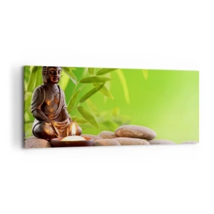 Quadro su tela - Stampe su Tela - Figura di Buddha con pietre e una candela su uno sfondo di bambù - 120x50cm - La vita è bella - Decorazione murale moderna per soggiorno e camera da letto ARTTOR