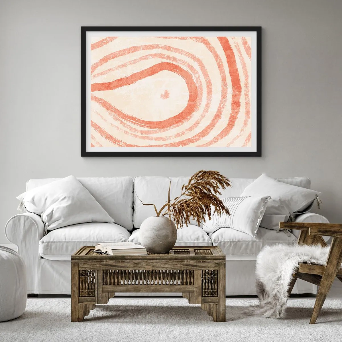 Poster in cornice nera - Un motivo astratto di linee concentriche nelle tonalità del terracotta. - 70x50cm - Cerchi di corallo - Decorazione murale moderna per soggiorno e camera da letto ARTTOR