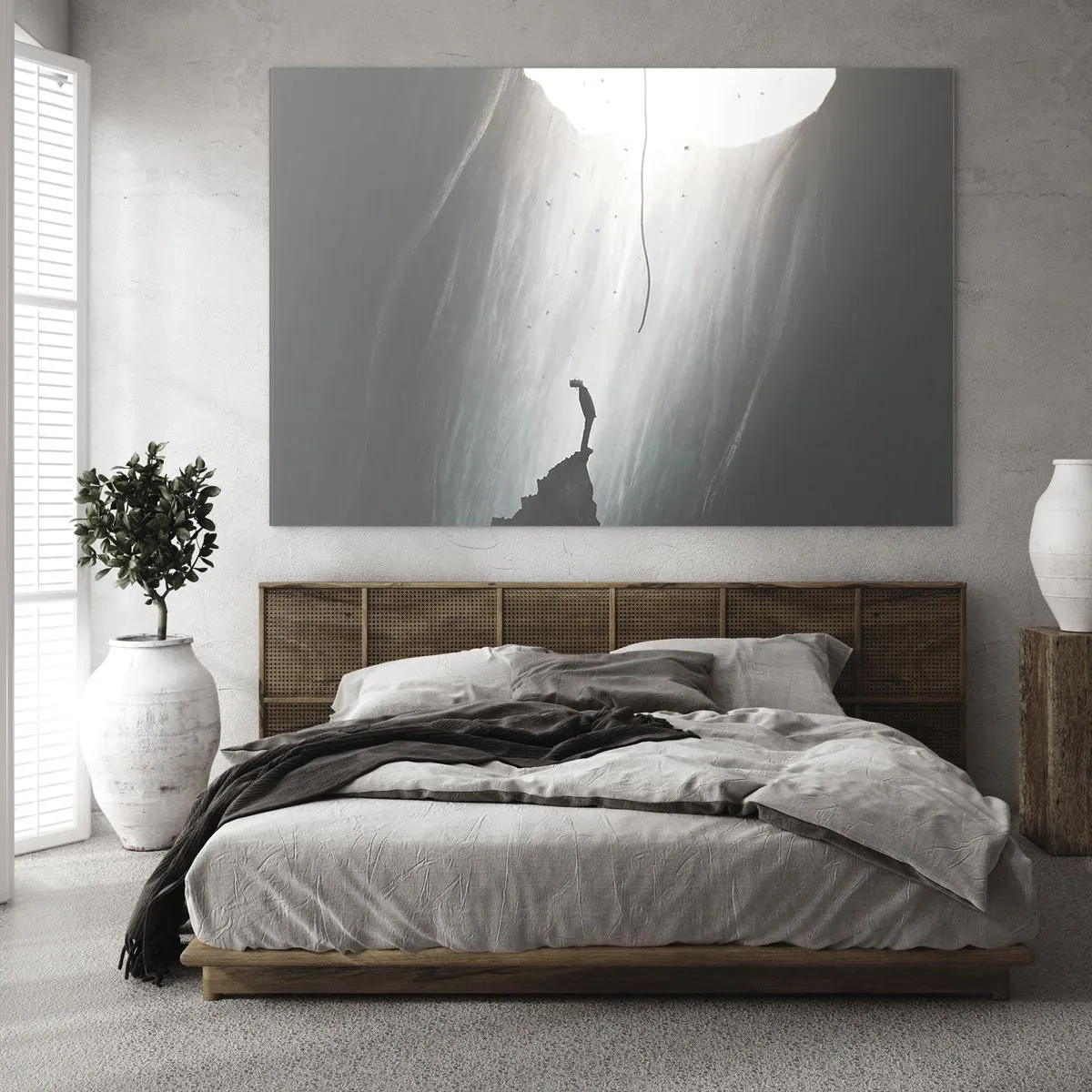 Quadro su vetro - Un uomo in piedi nell'oscurità ai piedi di un'uscita luminosa sopra un abisso - 70x50cm - C'è sempre una via d'uscita - Decorazione murale moderna per soggiorno e camera da letto ARTTOR