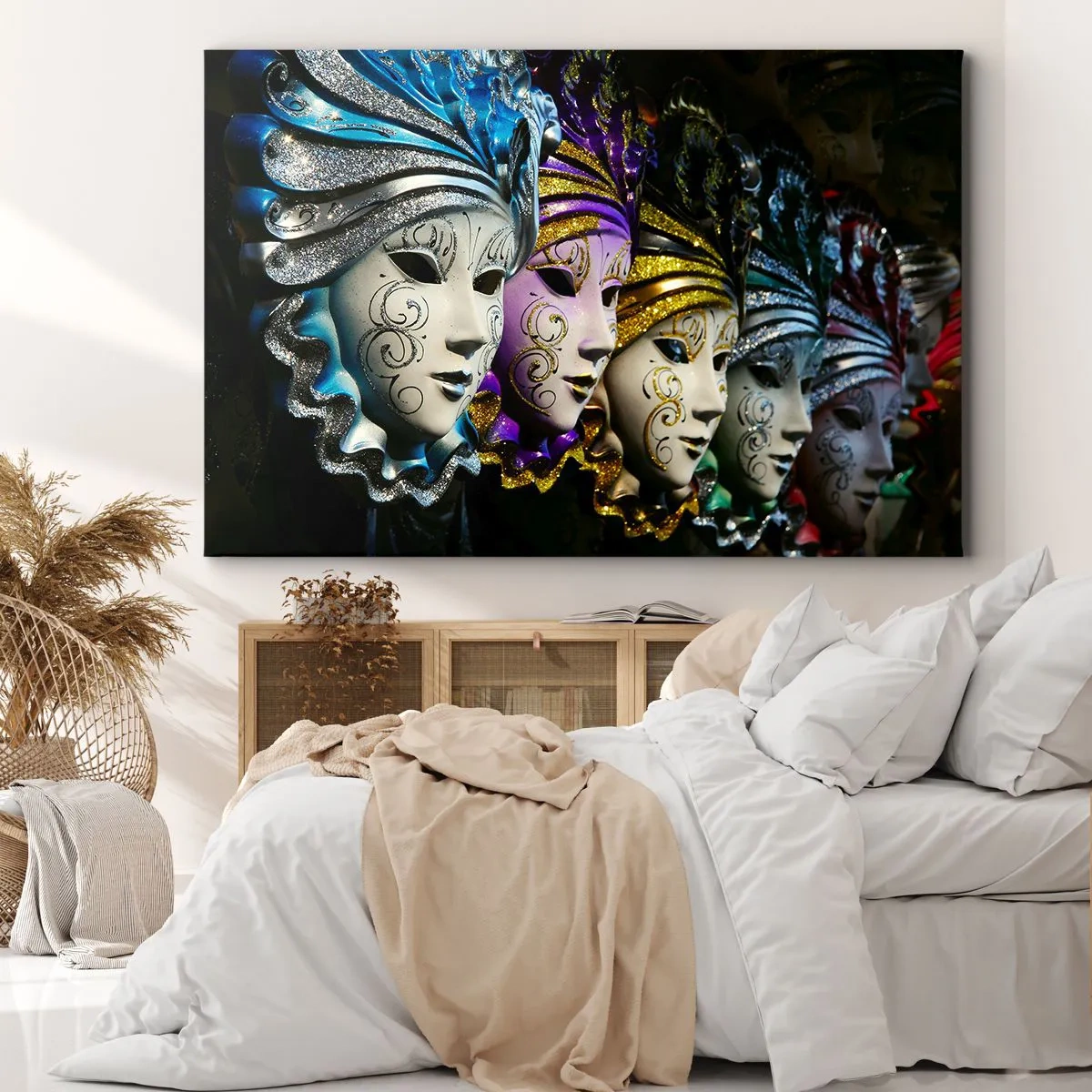 Quadro su tela - Stampe su Tela - Maschere veneziane in vari colori con motivi decorativi - 100x70cm - Mistero in oro e argento - Decorazione murale moderna per soggiorno e camera da letto ARTTOR