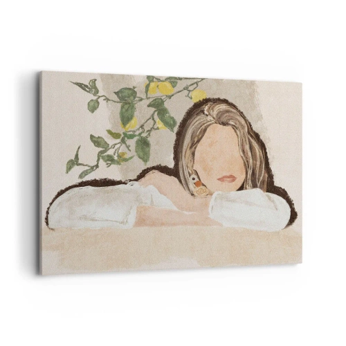 Quadro su tela - Stampe su Tela - La figura di una donna sullo sfondo di un albero di limone - 100x70cm - Bellezza del sud - Decorazione murale moderna per soggiorno e camera da letto ARTTOR