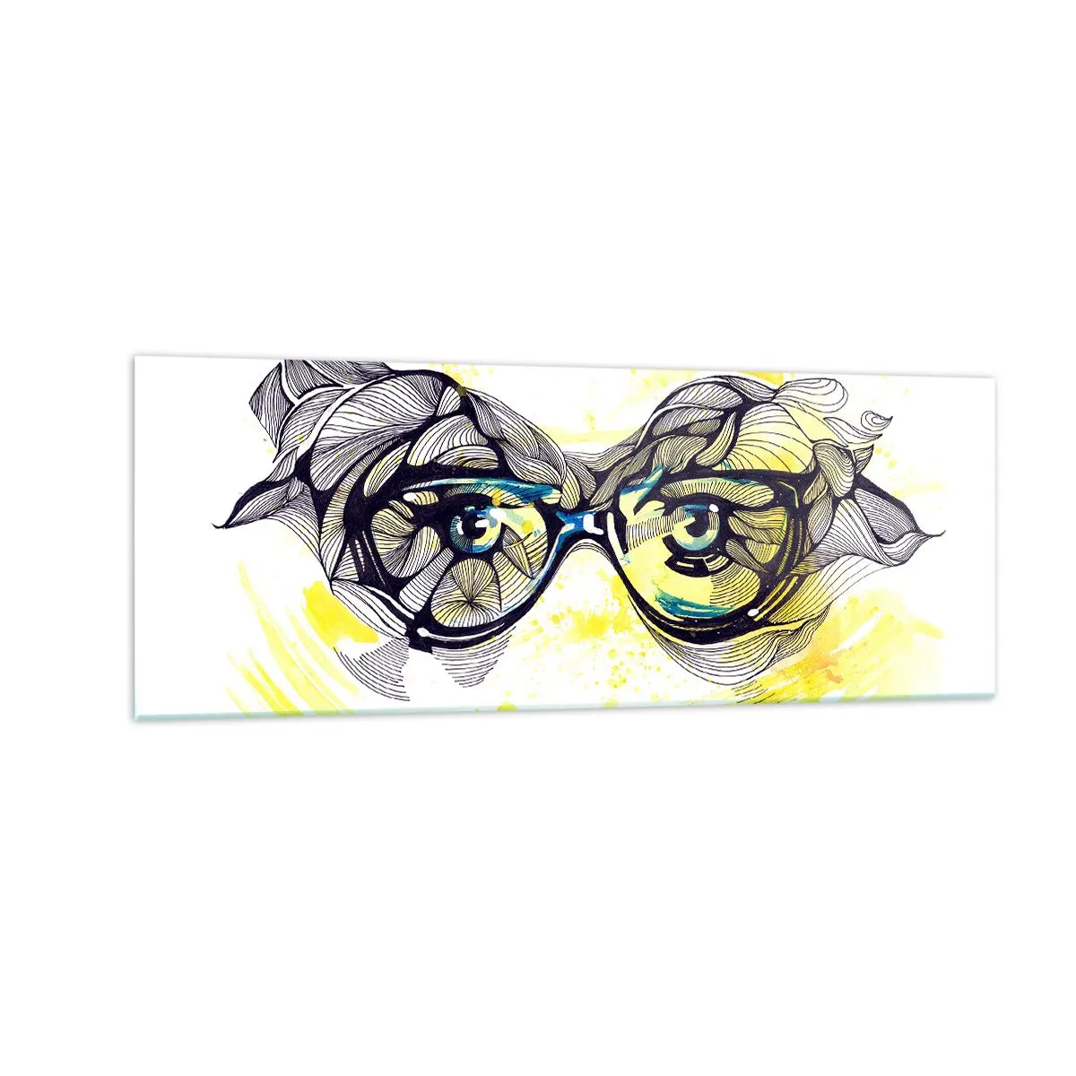 Quadro su vetro - Grafica artistica di occhiali con occhi espressivi - 140x50cm - Attraverso gli occhiali blu - Decorazione murale moderna per soggiorno e camera da letto ARTTOR