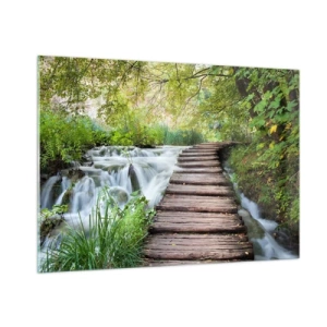 Quadro su vetro - Un ponte nella foresta sopra un ruscello - 100x70cm - Acqua per niente tranquilla - Decorazione murale moderna per soggiorno e camera da letto ARTTOR