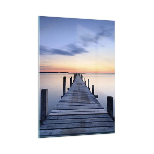 Quadro su vetro - Un molo di legno su un lago calmo al tramonto - 50x70cm - La calma di un dolce tramonto - Decorazione murale moderna per soggiorno e camera da letto ARTTOR