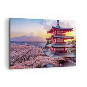 Quadro su tela - Stampe su Tela - Una pagoda in Giappone con fiori di ciliegio e il Monte Fuji - 100x70cm - L'essenza dell'anima giapponese - Decorazione murale moderna per soggiorno e camera da letto ARTTOR