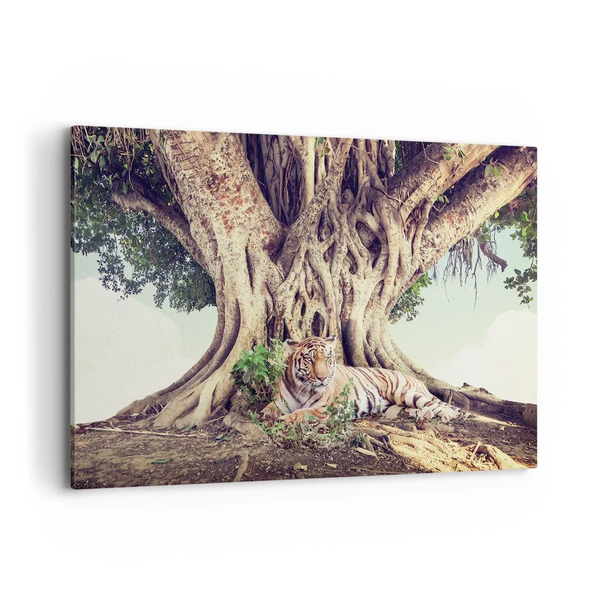 Quadro su tela - Stampe su Tela - Una tigre che riposa sotto un albero che si estende - 120x80cm - Vista dal Libro della Genesi - Decorazione murale moderna per soggiorno e camera da letto ARTTOR