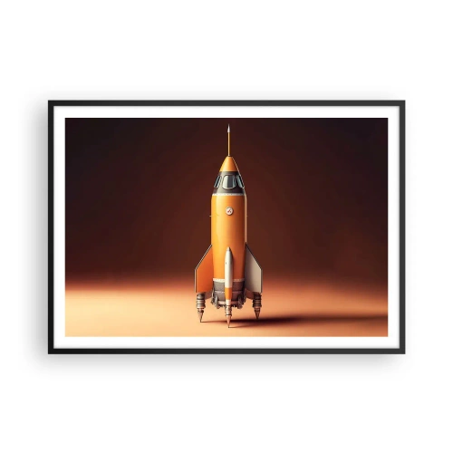 Poster in cornice nera - Un razzo in stile retrò su uno sfondo di toni marroni - 100x70cm - Si inizia dai sogni - Decorazione murale moderna per soggiorno e camera da letto ARTTOR