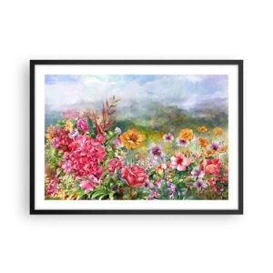 Poster in cornice nera - Una composizione colorata di fiori su uno sfondo paesaggistico color pastello - 70x50cm - Il giardino impazzito - Decorazione murale moderna per soggiorno e camera da letto ARTTOR