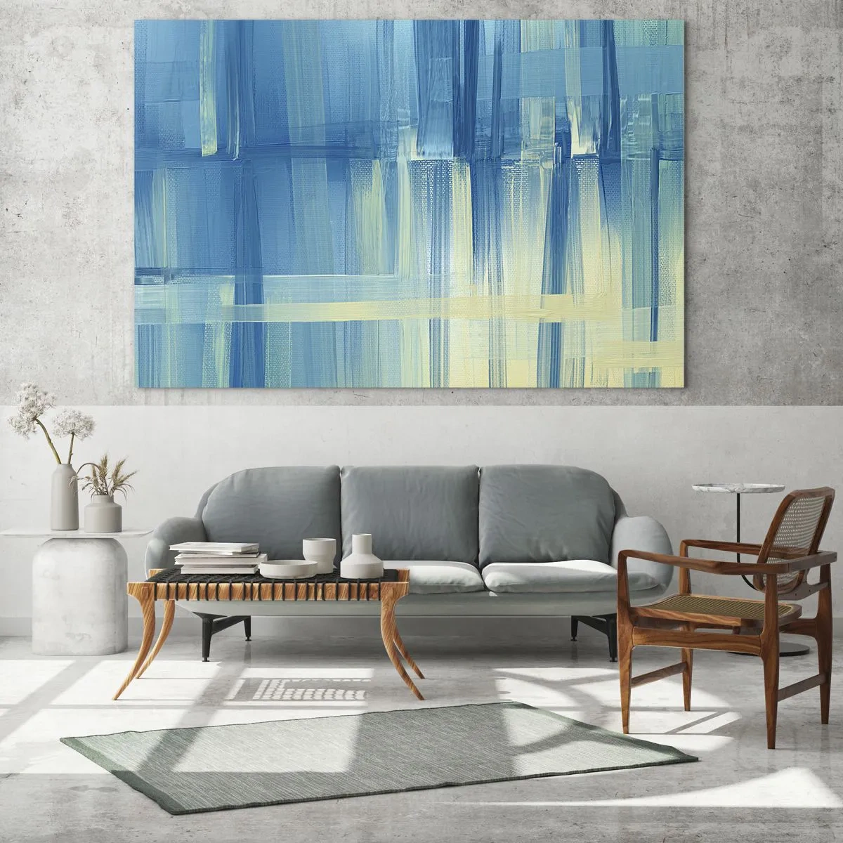 Quadro su vetro - Pennellate astratte in turchese e giallo - 120x80cm - Composizione in turchese - Decorazione murale moderna per soggiorno e camera da letto ARTTOR