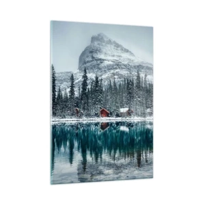 Quadro su vetro - Paesaggio invernale con montagne, foreste e cottage sul lago - 50x70cm - Rifugio canadese - Decorazione murale moderna per soggiorno e camera da letto ARTTOR