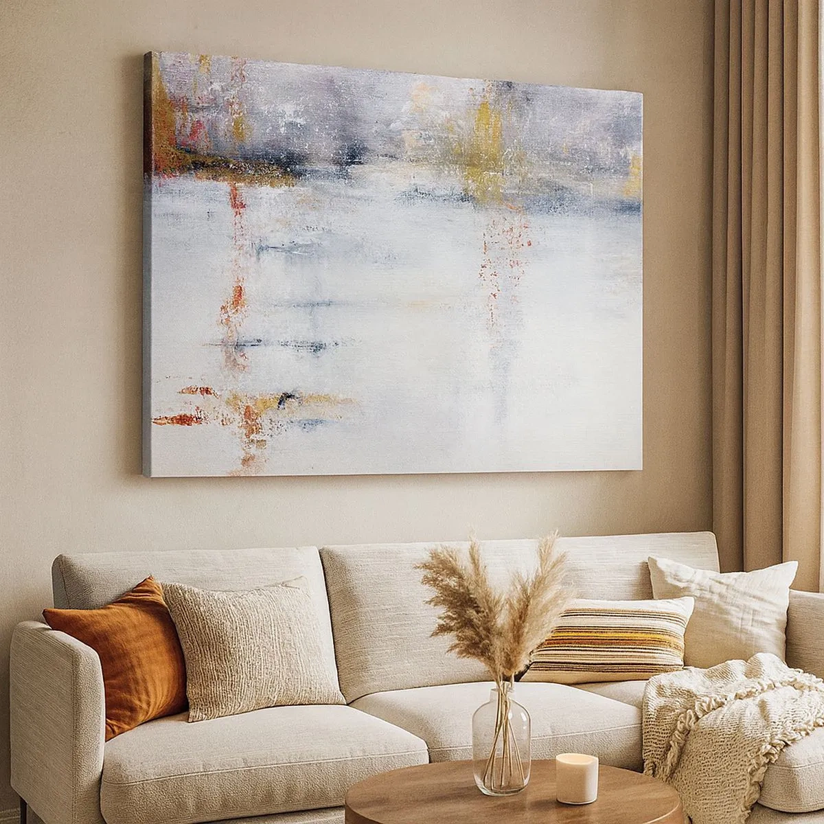 Quadro su tela - Stampe su Tela - Un paesaggio astratto con sfumature sfocate di grigio e oro. - 70x50cm - Dietro la cortina d'aria - Decorazione murale moderna per soggiorno e camera da letto ARTTOR