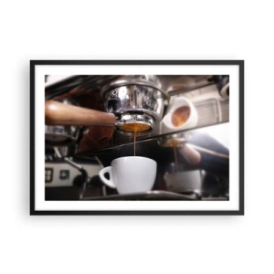 Poster in cornice nera - Primo piano di una macchina da caffè che prepara un espresso fresco - 70x50cm - Il miglior momento della giornata - Decorazione murale moderna per soggiorno e camera da letto ARTTOR