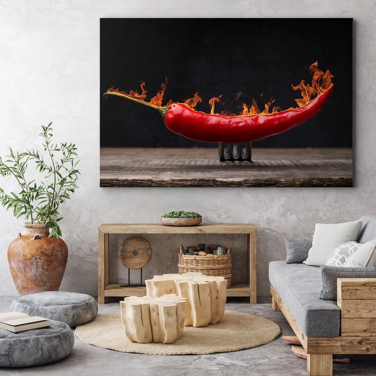 Quadro su tela - Stampe su Tela - Peperone rosso fiammeggiante su una forchetta - 120x80cm - Stuzzichino infuocato - Decorazione murale moderna per soggiorno e camera da letto ARTTOR