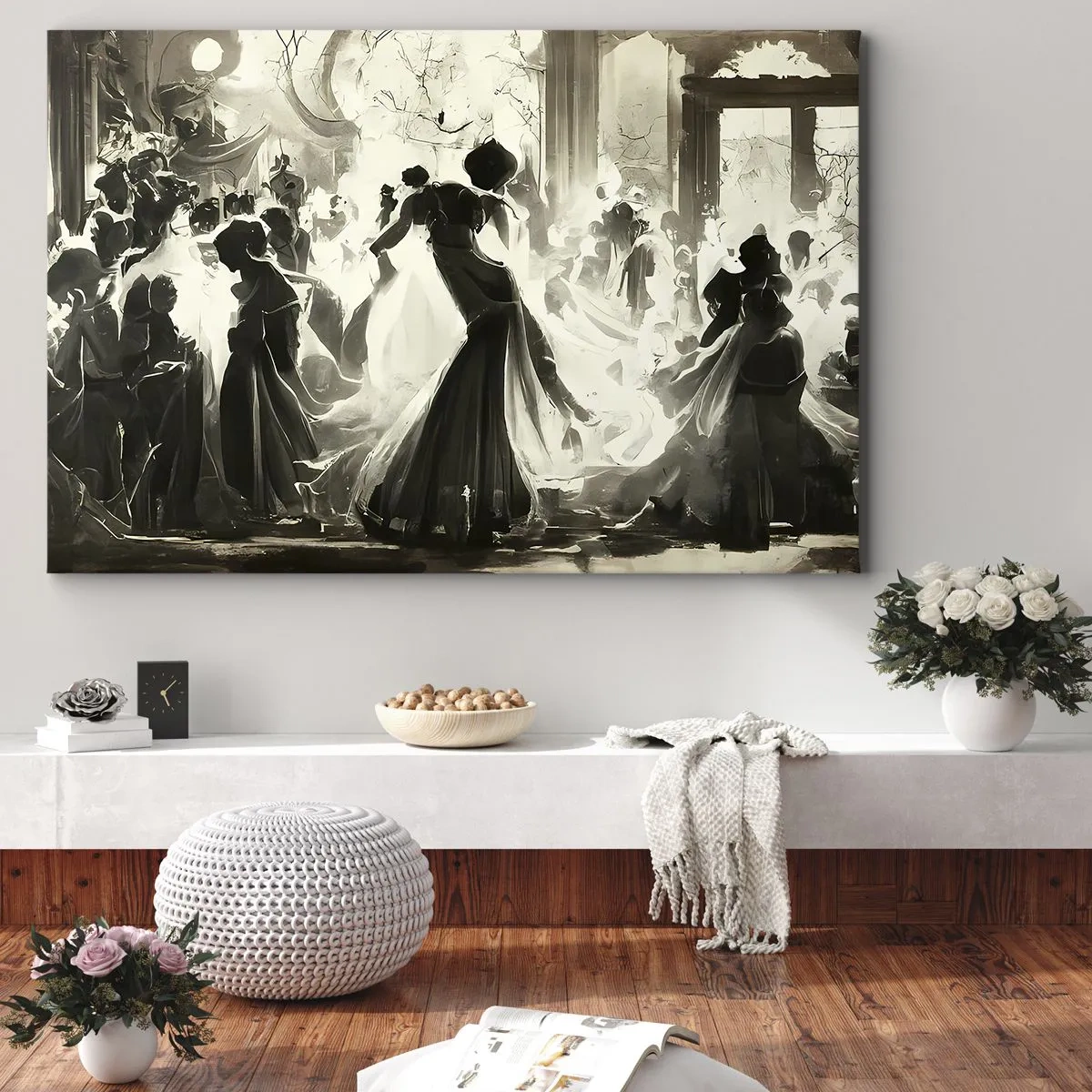 Quadro su tela - Stampe su Tela - Palla in stile retrò in bianco e nero - 70x50cm - Il gran ballo in maschera - Decorazione murale moderna per soggiorno e camera da letto ARTTOR