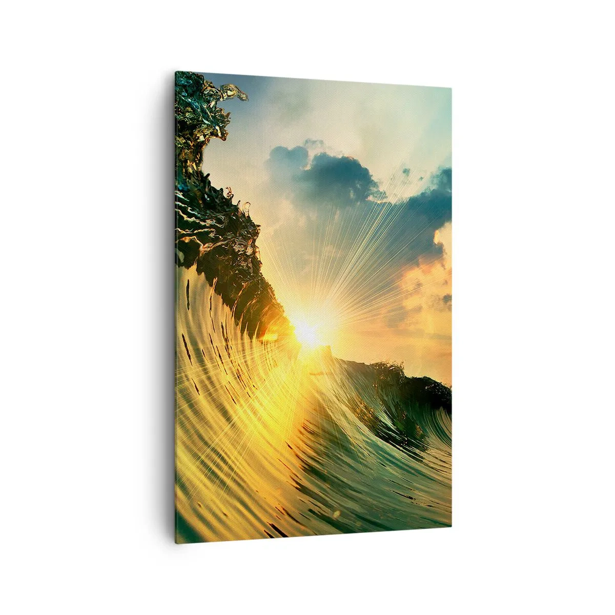 Quadro su tela - Stampe su Tela - Un'onda con il sole al tramonto e le nuvole illuminate - 80x120cm - Surfista, dove sei? - Decorazione murale moderna per soggiorno e camera da letto ARTTOR