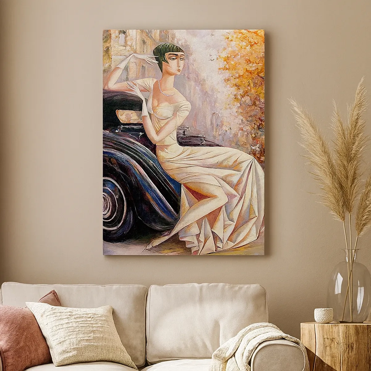 Quadro su tela - Stampe su Tela - Donna retrò accanto a un'auto d'epoca - 50x70cm - Eleganza in stile retro - Decorazione murale moderna per soggiorno e camera da letto ARTTOR