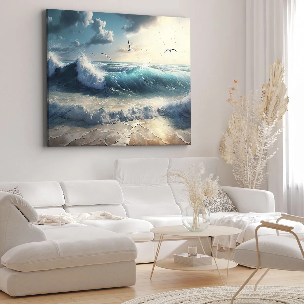 Quadro su tela - Stampe su Tela - Onde del mare sulla spiaggia sotto un cielo azzurro con gabbiani - 120x80cm - Mormora solo per te - Decorazione murale moderna per soggiorno e camera da letto ARTTOR