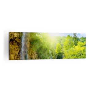 Quadro su tela - Stampe su Tela - Una cascata che sfocia in un lago turchese circondato dal verde - 160x50cm - Così deve essere il paradiso - Decorazione murale moderna per soggiorno e camera da letto ARTTOR