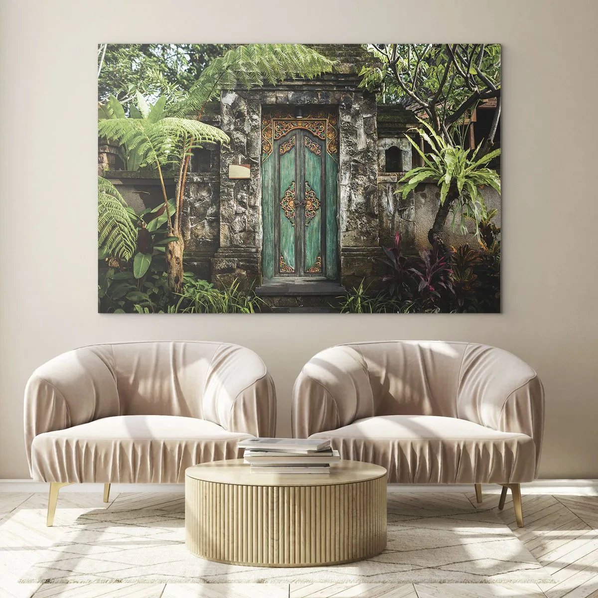 Quadro su vetro - Porta turchese decorata in un muro di pietra circondato da vegetazione tropicale - 70x50cm - Le porte verso un mondo esotico - Decorazione murale moderna per soggiorno e camera da letto ARTTOR
