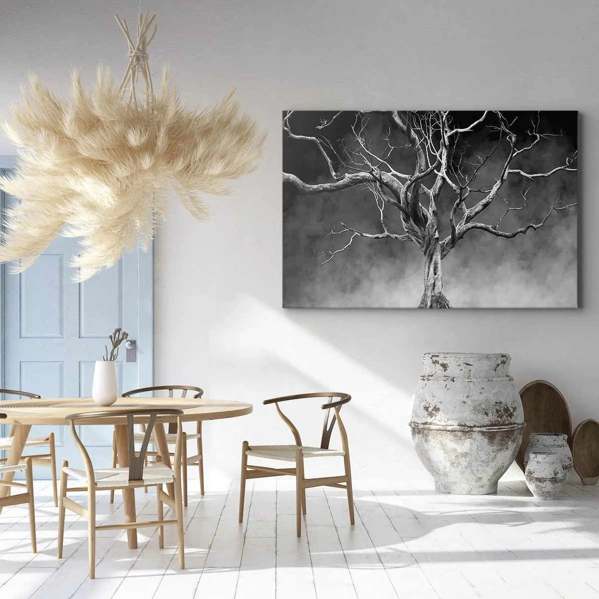 Quadro su tela - Stampe su Tela - Un albero secco in bianco e nero contro la nebbia - 70x50cm - Primordiale e sacro - Decorazione murale moderna per soggiorno e camera da letto ARTTOR
