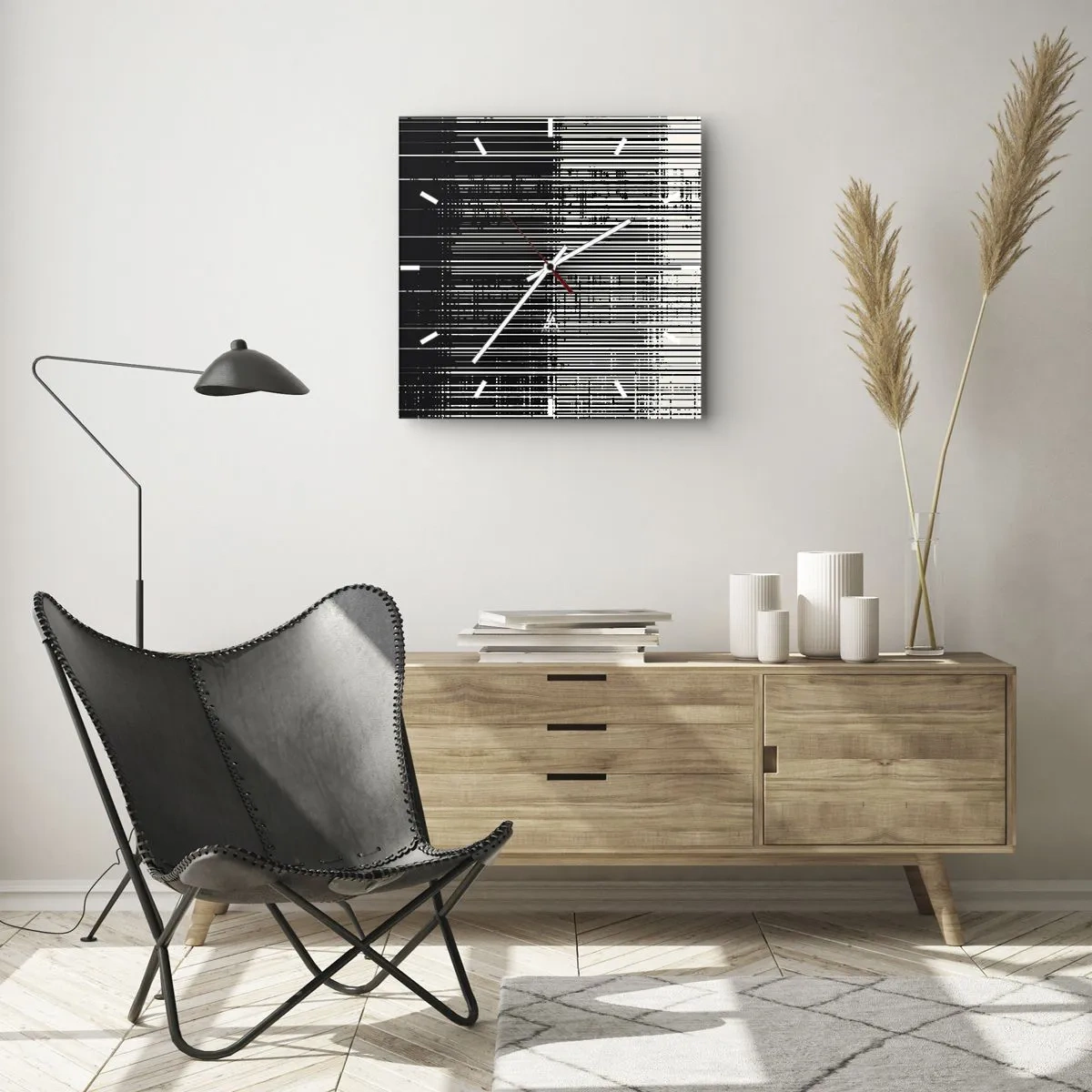 Orologio da parete - Orologio in Vetro - Composizione astratta di linee in bianco e nero contrastanti - 30x30cm - Onde e vibrazioni - Decorazione murale moderna per soggiorno e camera da letto ARTTOR